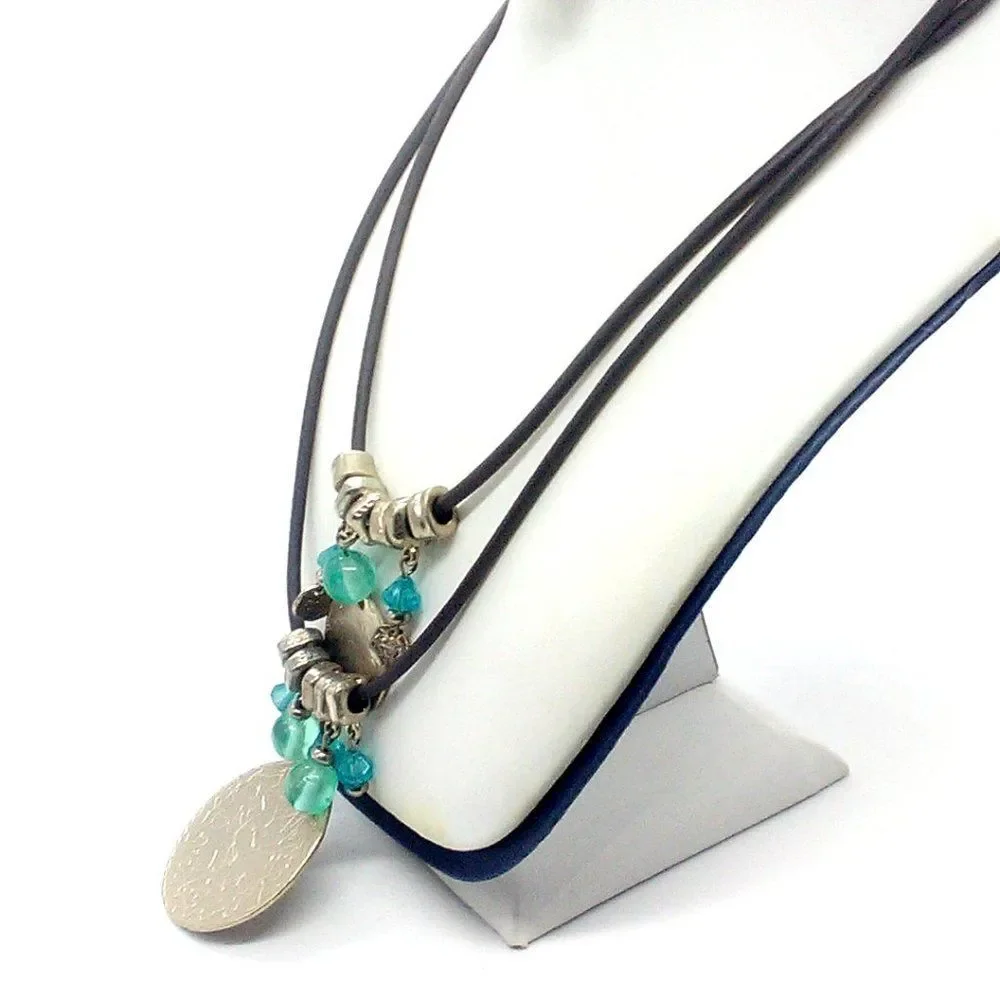 Chico's Layered Disc Pendant Necklace on Brown Faux Leather Cord 18-21